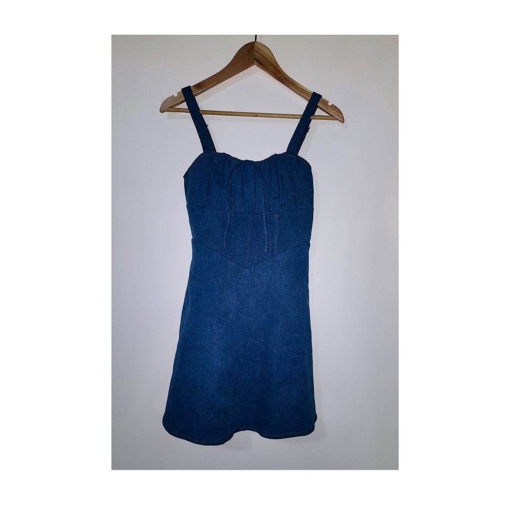 Lulus Denim Mini Dress Medium Wash Corset Bustier Tie Front Smocked Back Size M